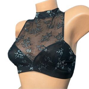 Victorias Secret Very Sexy High Neck metallic flower mesh unlined bralette Black